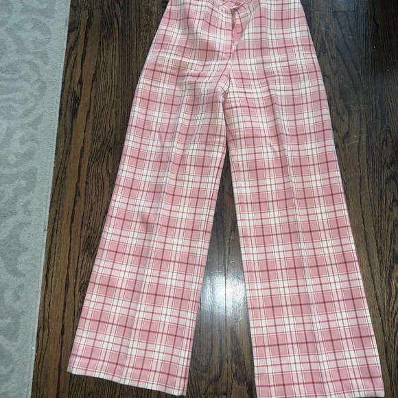 Vtg 70s Barbie Core Pants High Waist Womens Pink Plaid Flare Wide Leg 26 - Picture 1 of 7